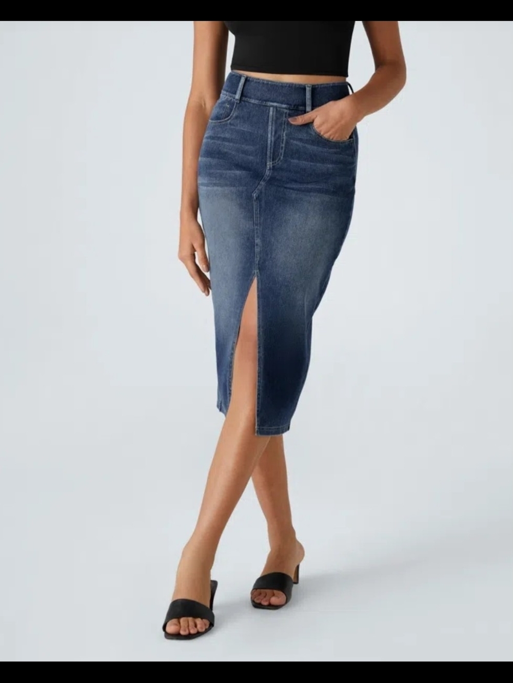 Halara Flex High Waisted Pockets Bodycon Washed Denim Midi Skirt Sz Small #074